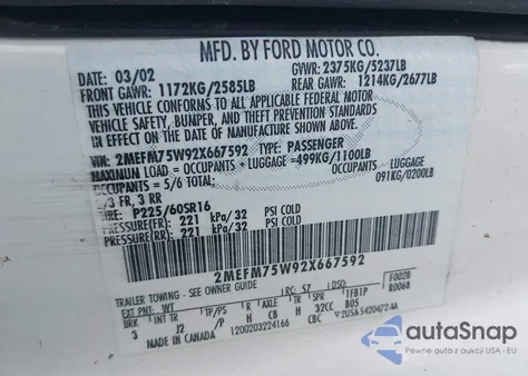 2002 Mercury Grand Marquis Ls from USA, damaged, VIN 2MEFM75W92X667592